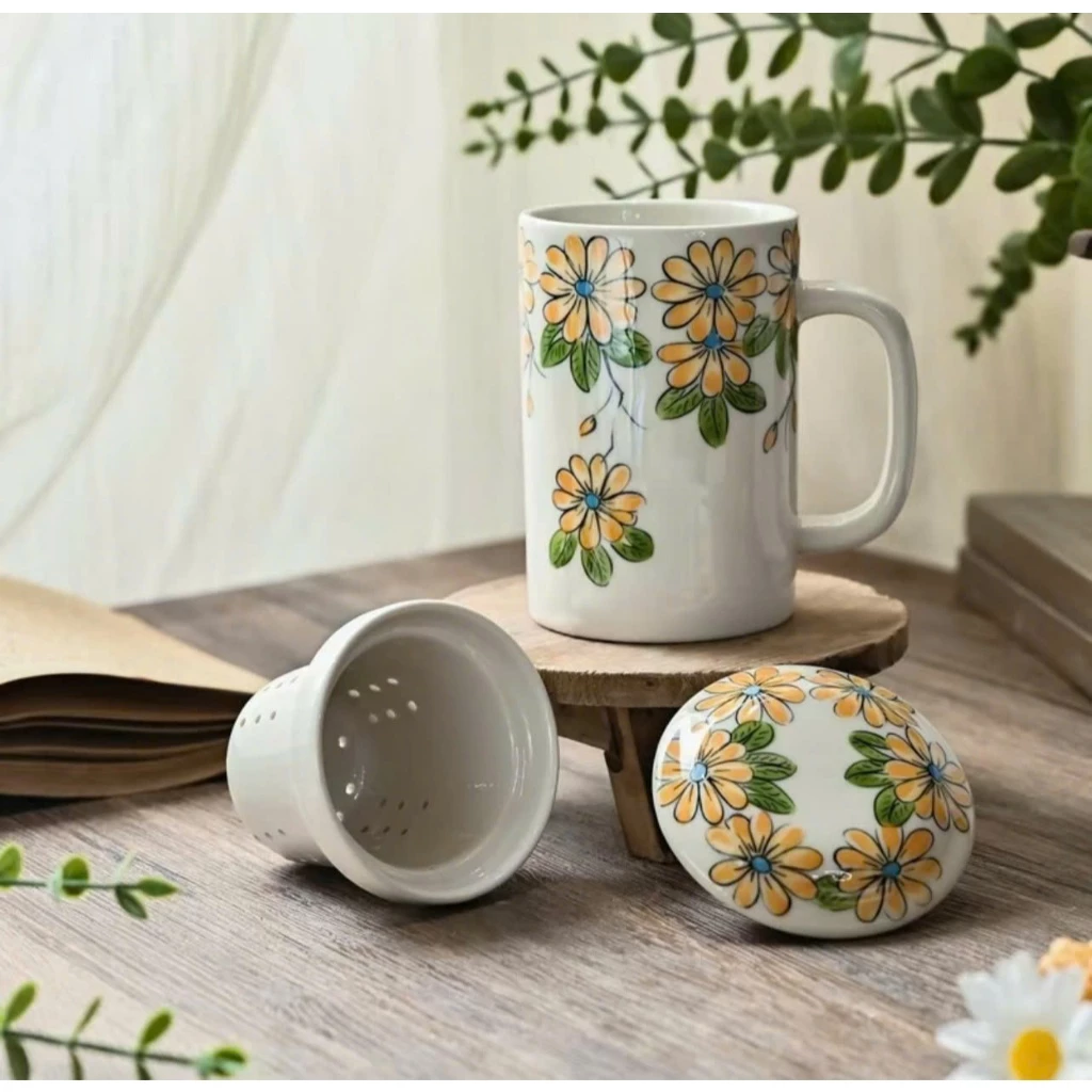 バッチャン焼 ヴィンテージ水玉花柄 茶こし付きマグカップ - 多機能蓋付き