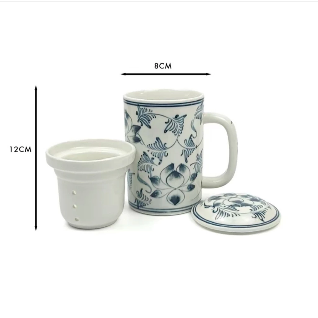 ベトナム バッチャン焼き 蓮トラム柄 ヴィンテージ 茶こし・蓋付き マグカップ