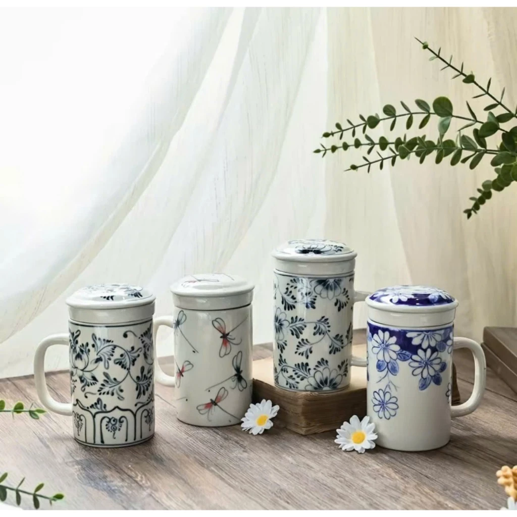 ベトナム バッチャン焼き 蓮トラム柄 ヴィンテージ 茶こし・蓋付き マグカップ