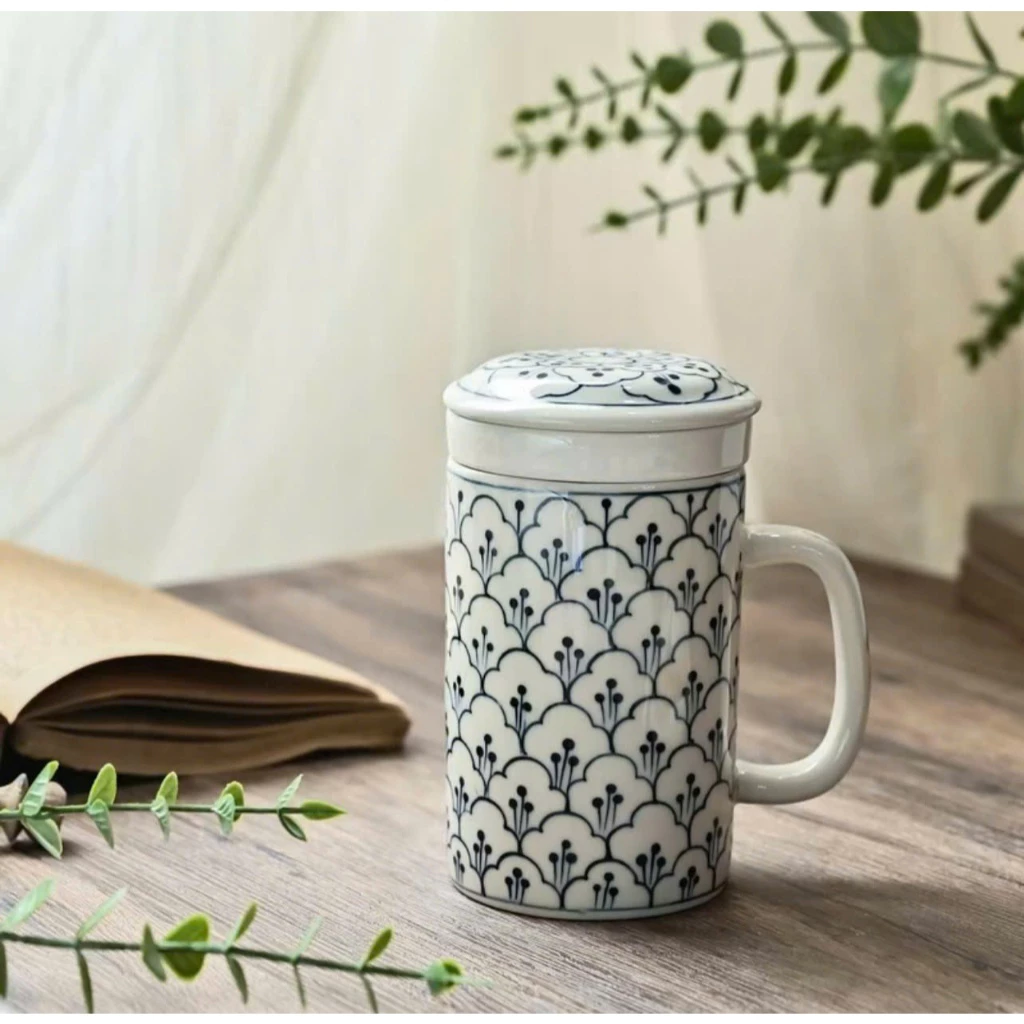 バッチャン焼き ヴィンテージ 蓮の葉模様 フィルター付きティーカップ (茶こし付き)