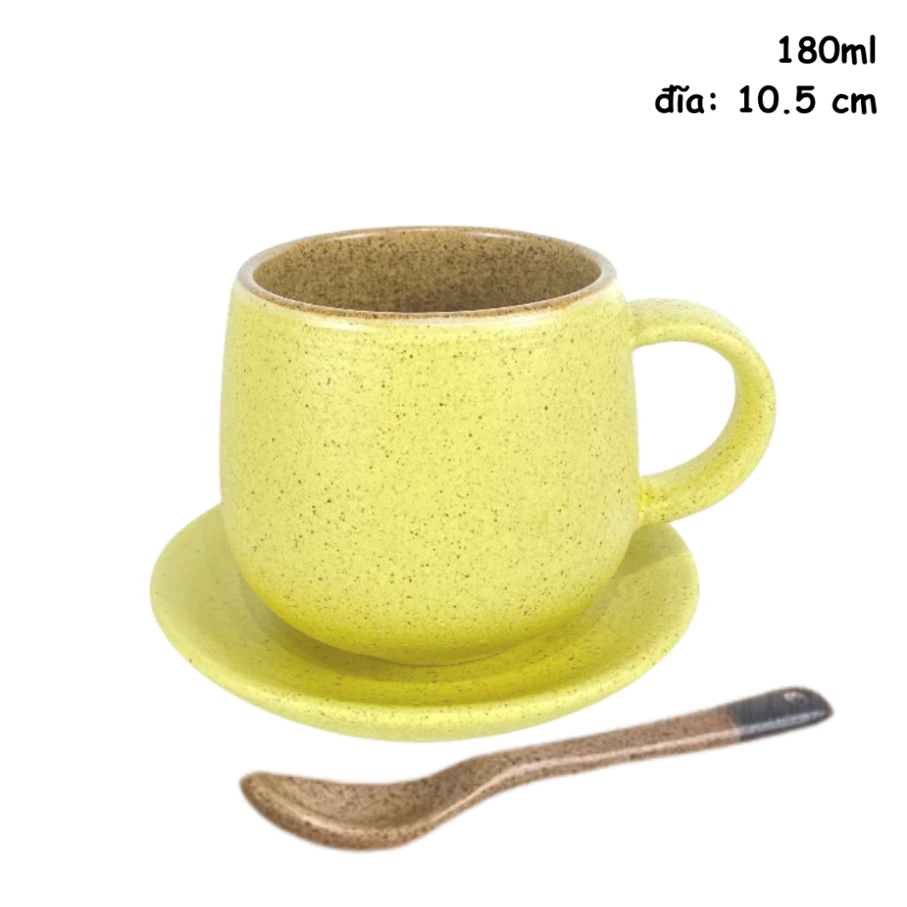 バッチャン焼 黄色 180ml 取っ手付き ティー・コーヒー用 カップ＆ソーサー＆スプーンセット - ダットゴム バッチャン『コックトンタット』スタイル