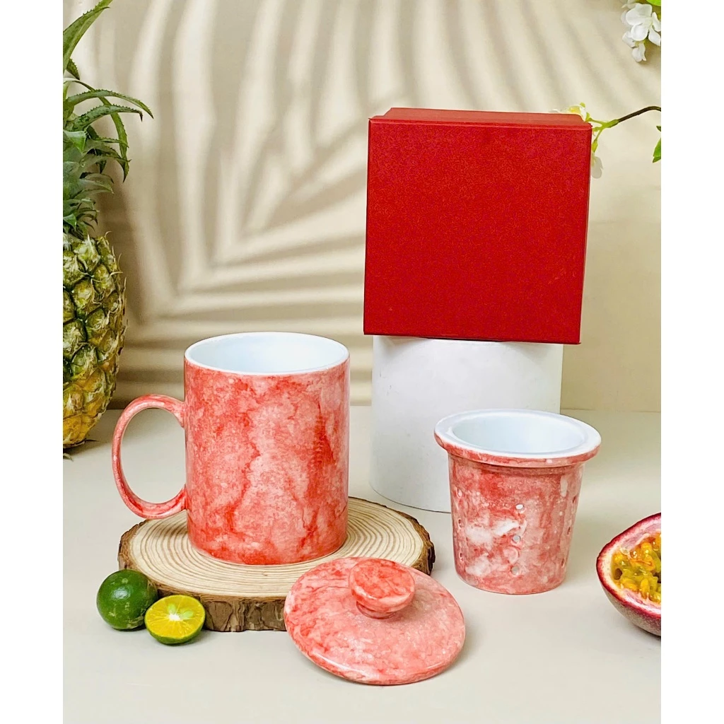 【バッチャン焼き】高級茶こし付きマグカップ 350ml 赤石目模様 オフィス用 ティーカップ 蓋付き C字ハンドル