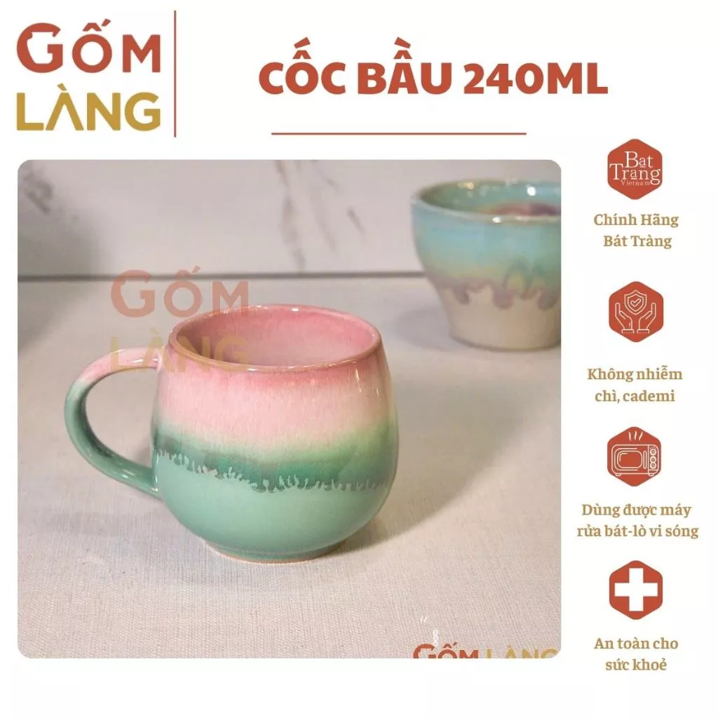 バッチャン焼き 火炎釉薬マグカップ 480ml (ピンク/ターコイズ) - 手作り ベトナム伝統工芸品 美しいデザイン 茶・コーヒー用