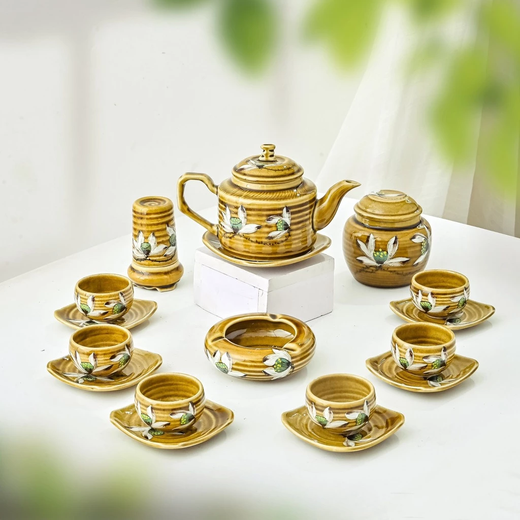 バッチャン焼き 窯変釉 十字紋様 茶器セット - 手工芸の逸品