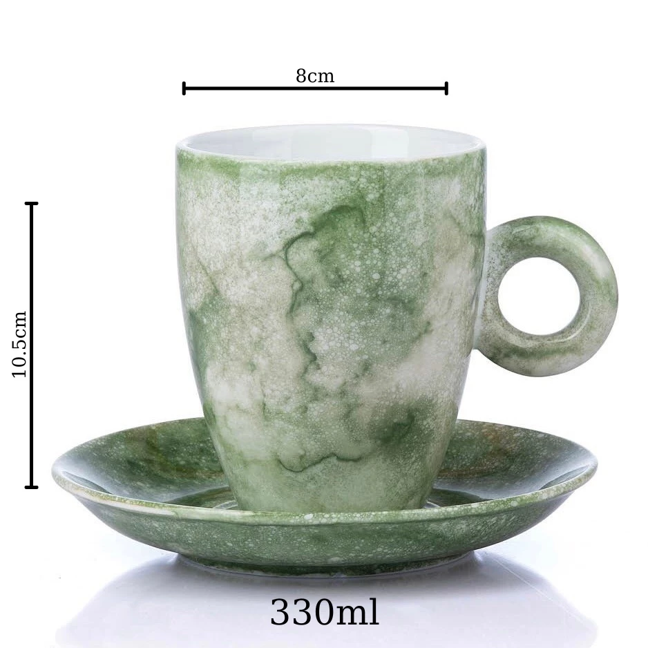 バッチャン焼き本物 石釉蓋付き陶器マグカップ 330ml クロムブルーマーブル模様 美しいお茶・コーヒー用カップ