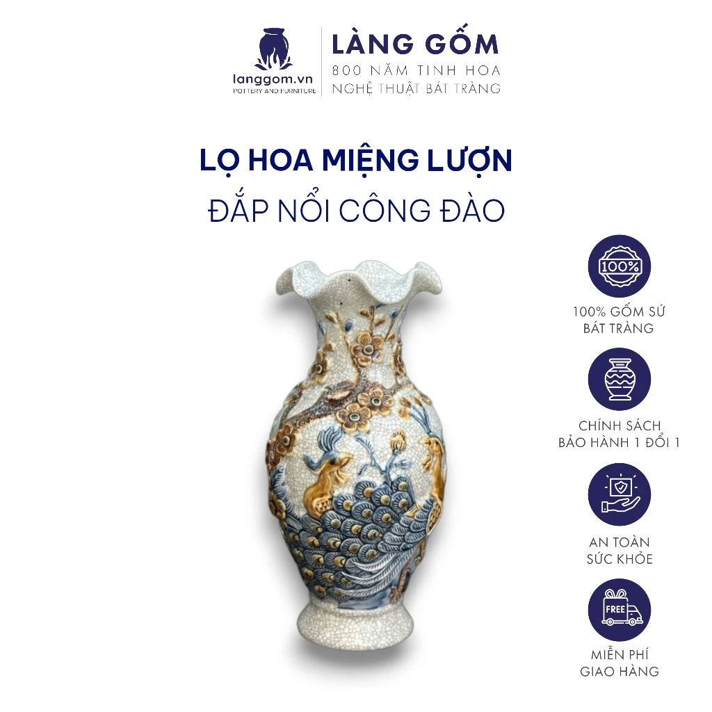 バッチャン焼き 手描き浮き彫り 龍・孔雀・蓮・桃の花文様 ひび割れ釉薬祭壇用花瓶 H24-60cm