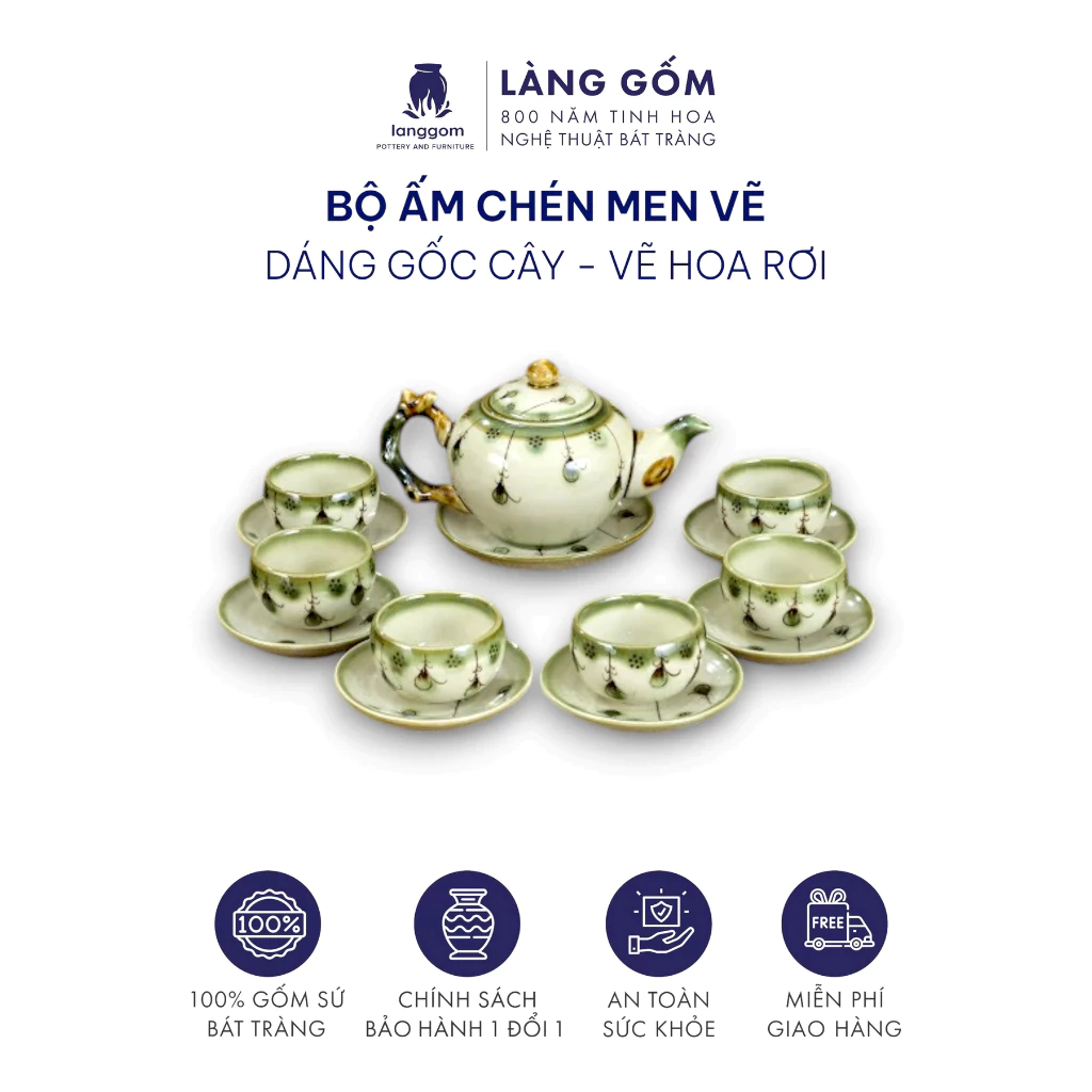 バッチャン焼き手描き茶器セット「古木デザイン」- 容量350-620ml