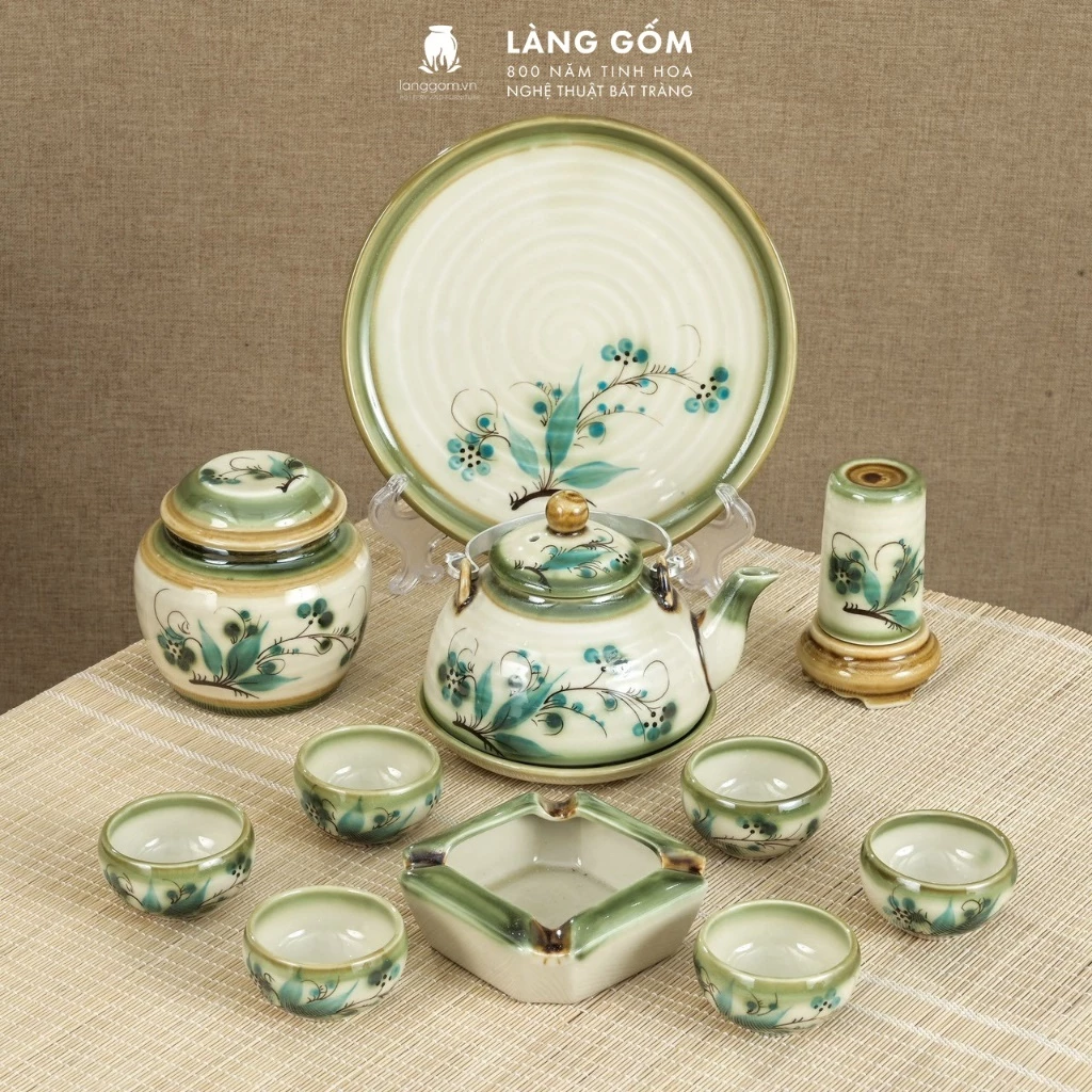 バッチャン焼き 手描き カニ籠風 青竹柄 茶器セット（急須＆湯呑6客、丸盆付き） - 350ml