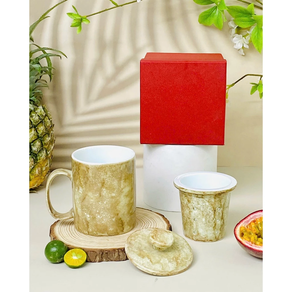 バッチャン焼 高級セラミック茶漉し付きマグカップ - 350ml オフィス用 石目ブラウン柄