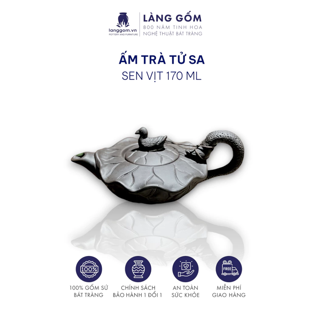 バッチャン焼き 蘭窯 手彫り蓮とアヒルの紫砂急須 170ml - 高品質手作り陶器