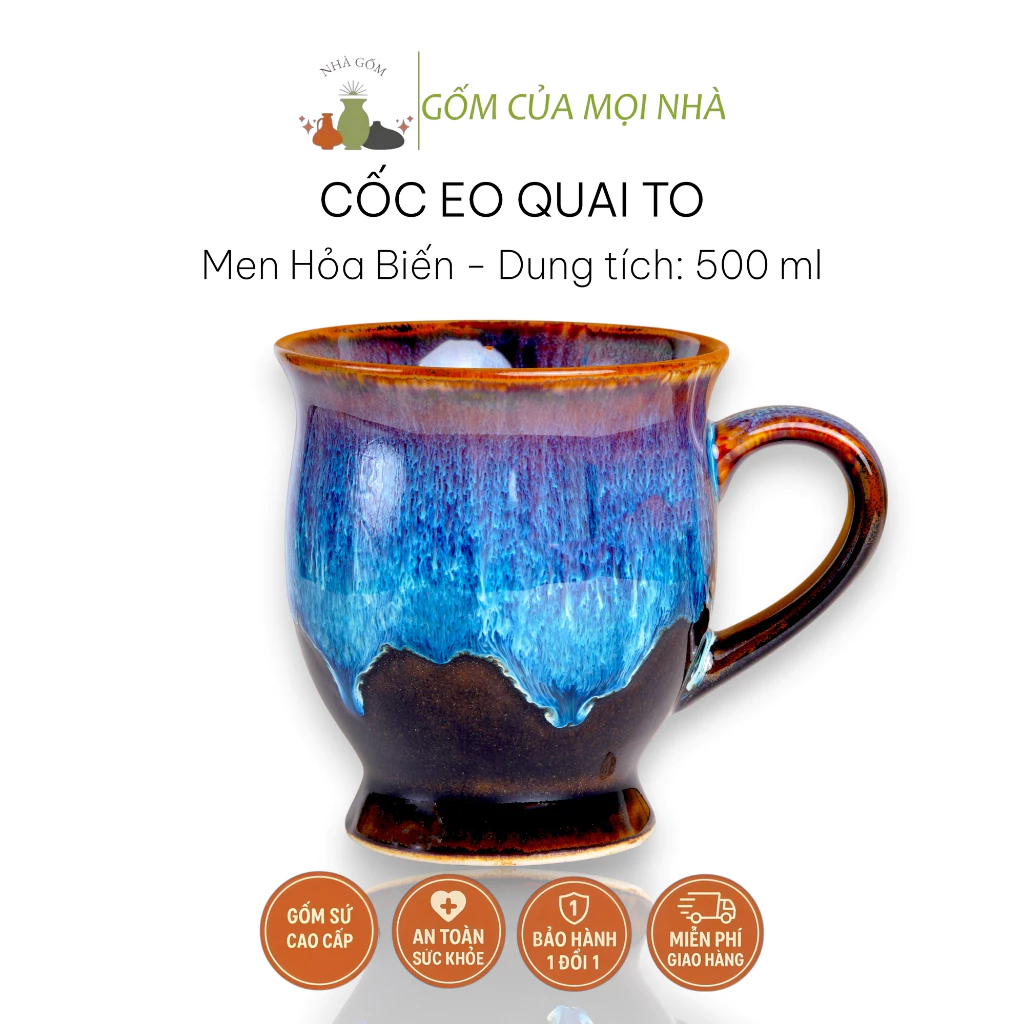 バッチャン陶器 窯変釉 青い波模様 ウエストシェイプ 大容量500ml マグカップ 高級茶器・コーヒーカップ