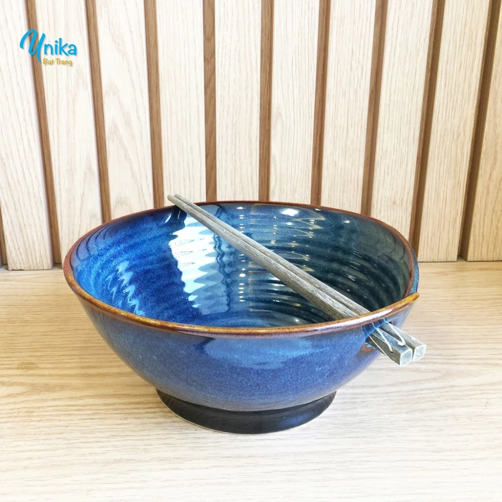 バッチャン焼き 箸穴付き 窯変青釉 どんぶり鉢 (22x9cm) - 高級麺鉢