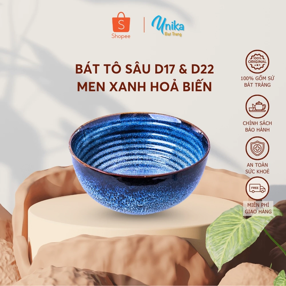 バッチャン焼き 高品質 火炎釉 深皿 (D22) 青 22cm x 11cm - 大鉢/スープ皿 - ベトナム陶器
