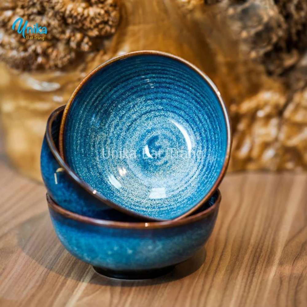 バッチャン焼き 高品質 火炎釉 深皿 (D22) 青 22cm x 11cm - 大鉢/スープ皿 - ベトナム陶器