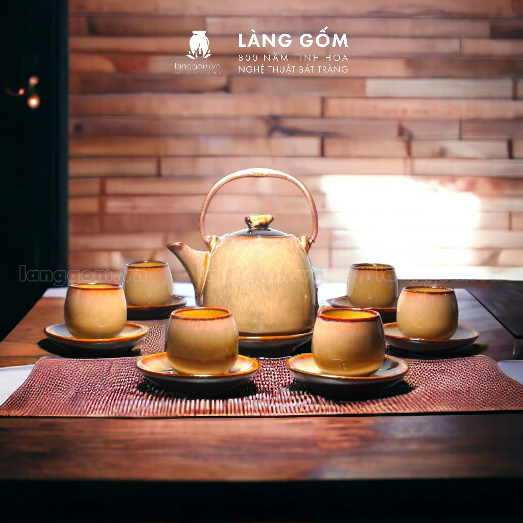 バッチャン焼き 高級火炎釉茶器セット - 花模様の湯呑み