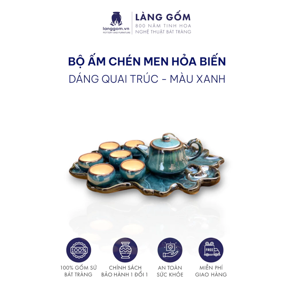 バッチャン焼き 高級火変釉 茶器セット (竹製取手・花柄カップ)