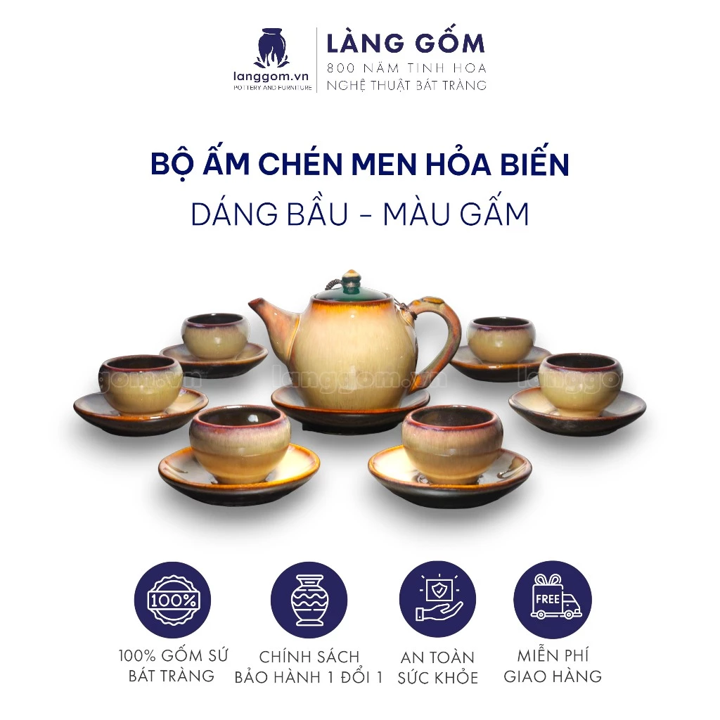 バッチャン焼き 高級窯変釉ひょうたん型ティーセット - 花模様の湯呑み (S) - Làng Gốm