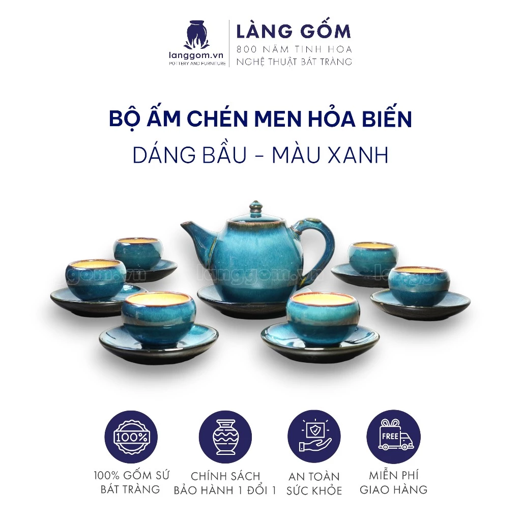 バッチャン焼き 高級窯変釉ひょうたん型ティーセット - 花模様の湯呑み (S) - Làng Gốm