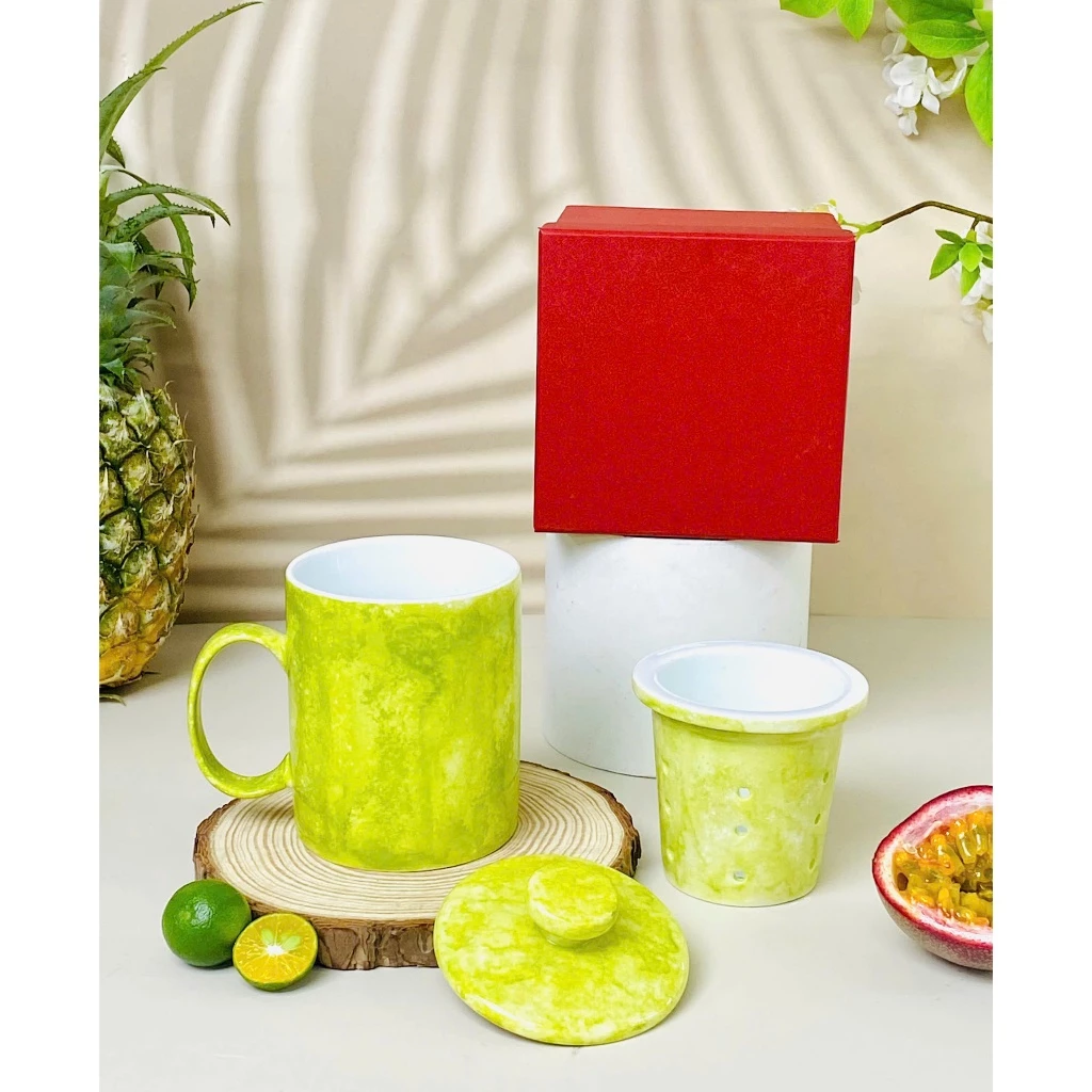 バッチャン焼き 高級オフィス用セラミックマグカップ 350ml 蓋・茶こし付き Cハンドル 緑石目模様