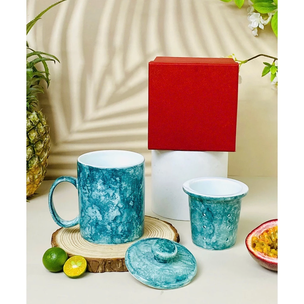 バッチャン焼き 高級オフィス用 茶こし・蓋付きセラミックカップ 350ml Cハンドル 緑の石目柄 - お茶・水飲みに最適