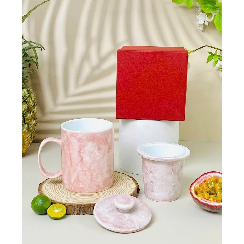 バッチャン焼き 高級オフィス用 ティーマグカップ 350ml 茶漉し・蓋付き Cハンドル ピンク大理石柄