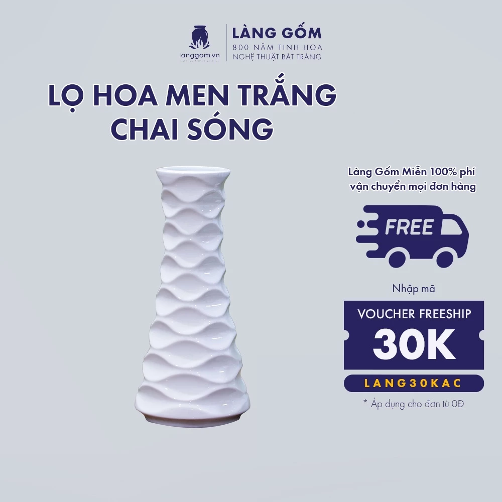 バッチャン高級白磁器 波型ボトルデザイン花瓶 - Làng Gốm (ランゴム)