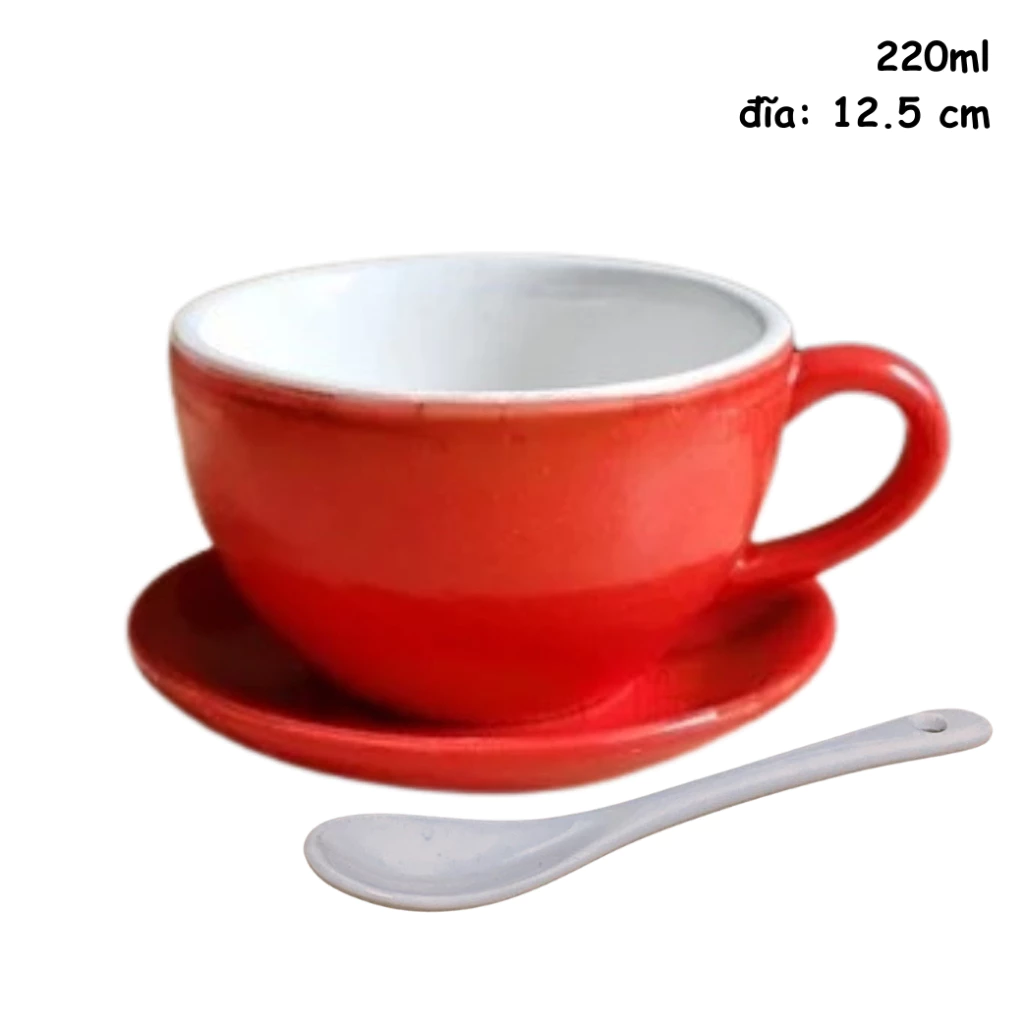 バッチャン焼き 赤いセラミック カップ＆ソーサー＆スプーンセット (220ml) カプチーノ・エスプレッソ＆ティー用