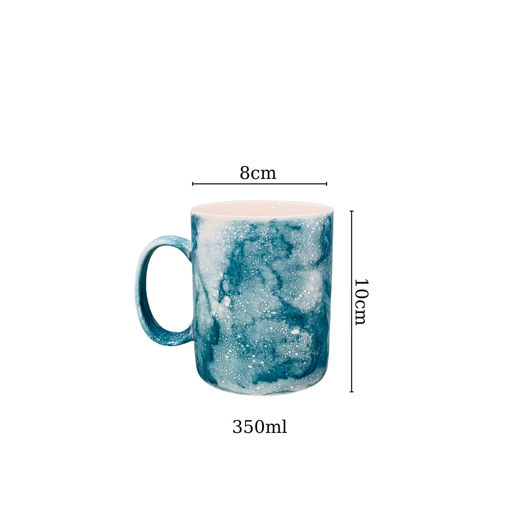 バッチャン焼き 石目調 蓋付きマグカップ 350ml (エメラルドグリーン) - 取っ手付き陶器コップ ベトナム手作り