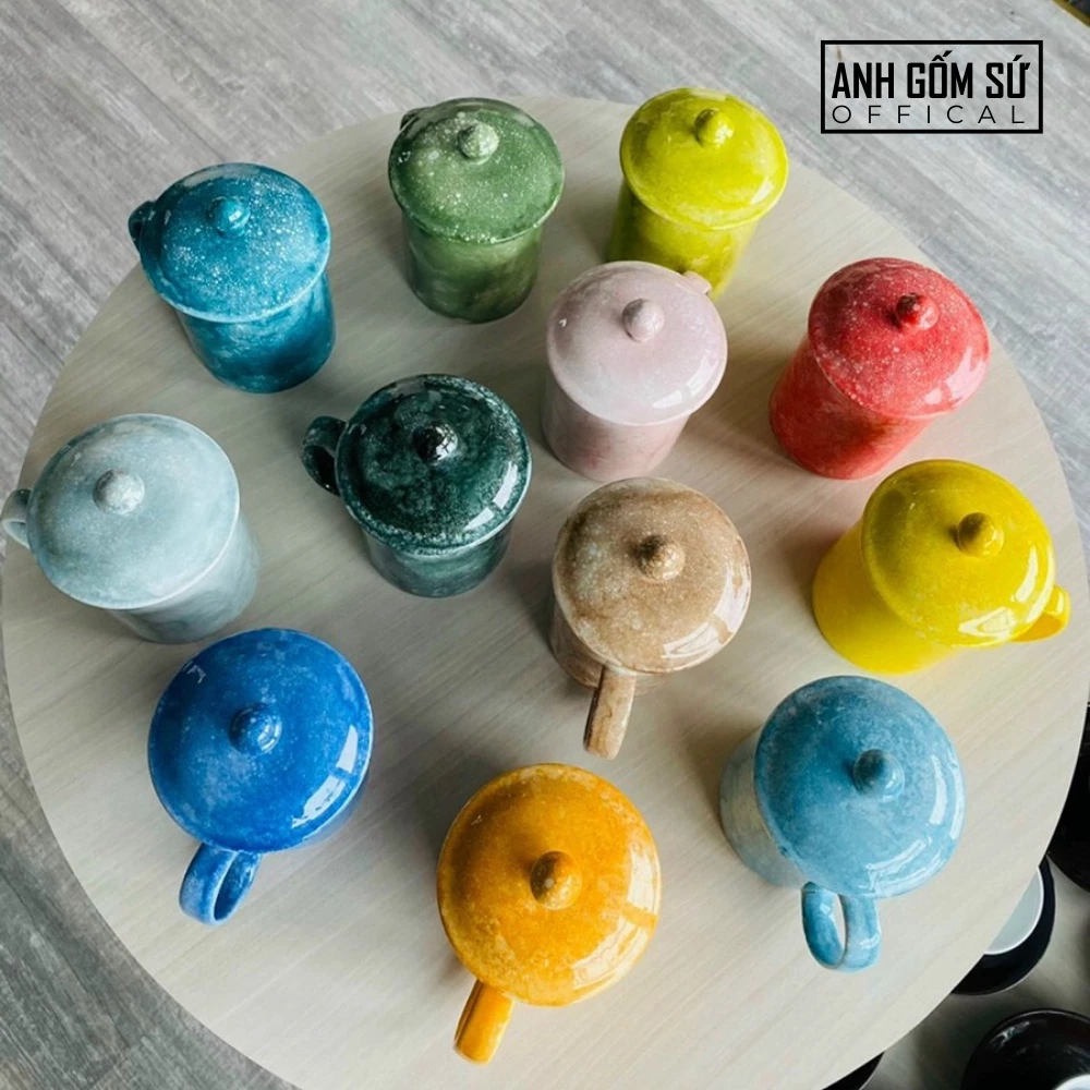 バッチャン焼き ストーン釉 コバルトブルー 蓋付きマグカップ 350ml - 取手付き陶器コップ