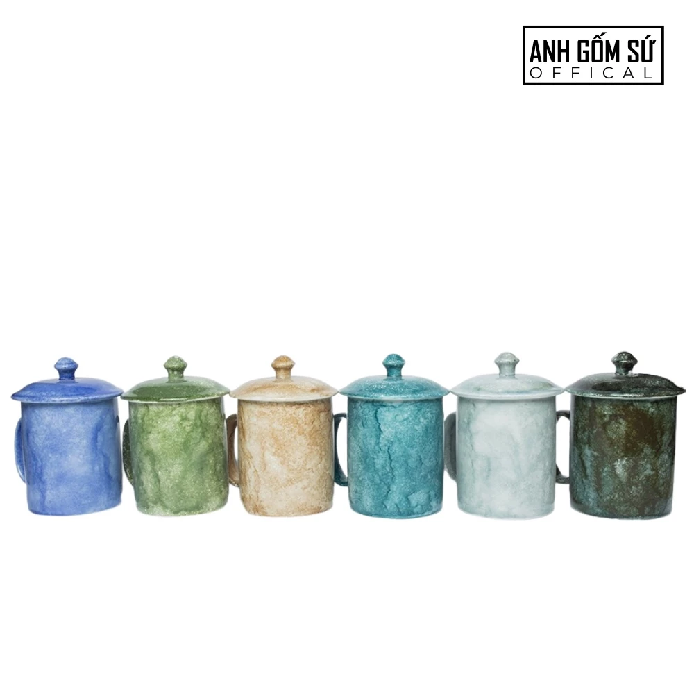 バッチャン焼き ストーングレーズ 蓋付きマグカップ 350ml - 取っ手付き円筒形 スカイブルー