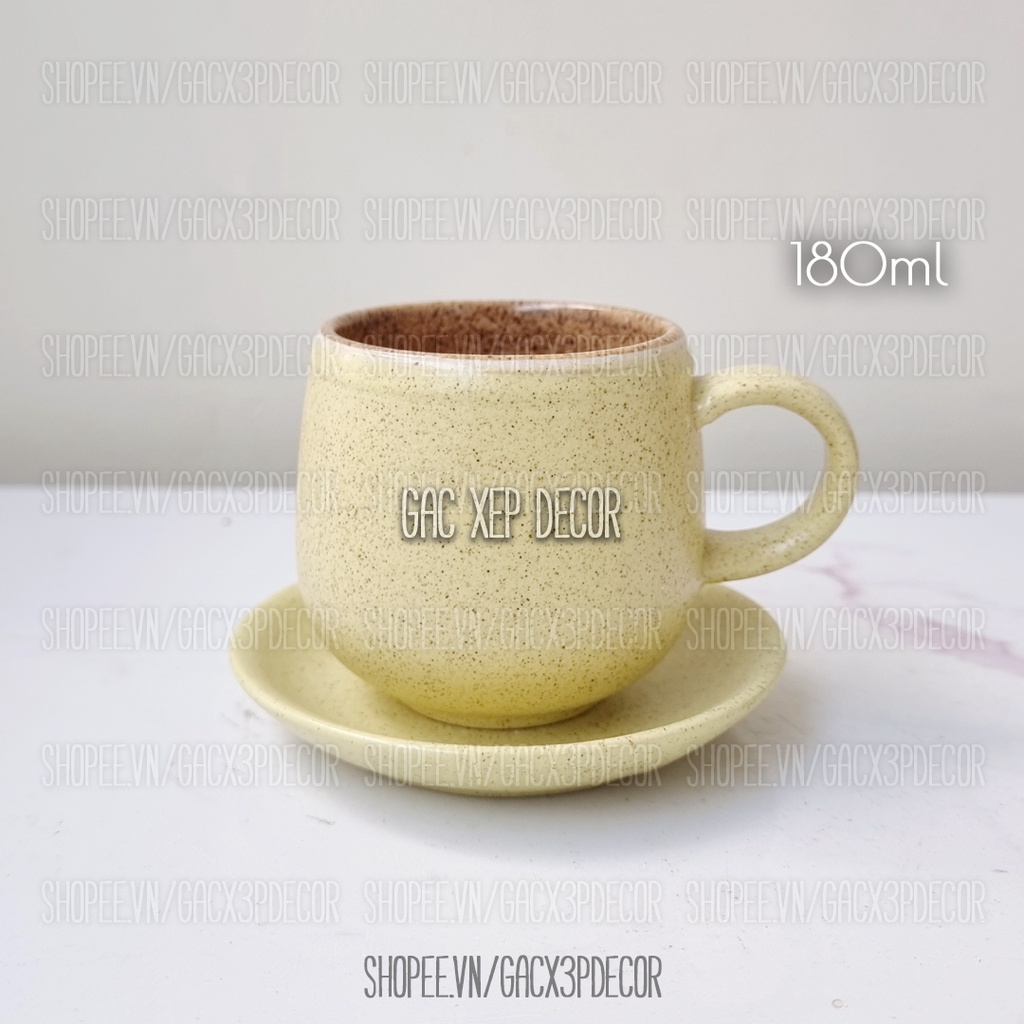 バッチャン セラミック コーヒー カップ ハンドルとソーサー付き 180ml - クリームイエロー