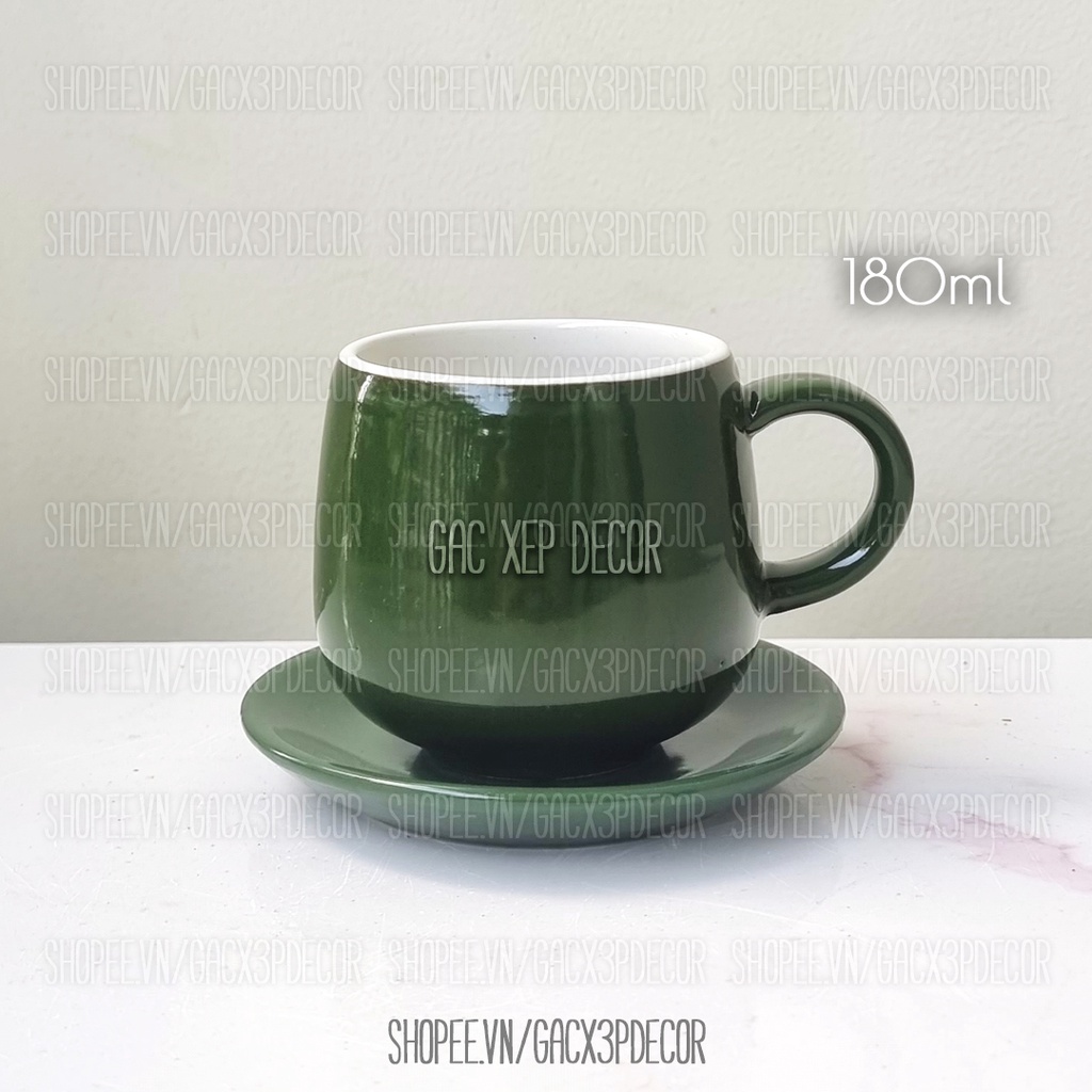Bat Trang セラミック コーヒー カップ ハンドルとソーサー付き 180ml - グリーン