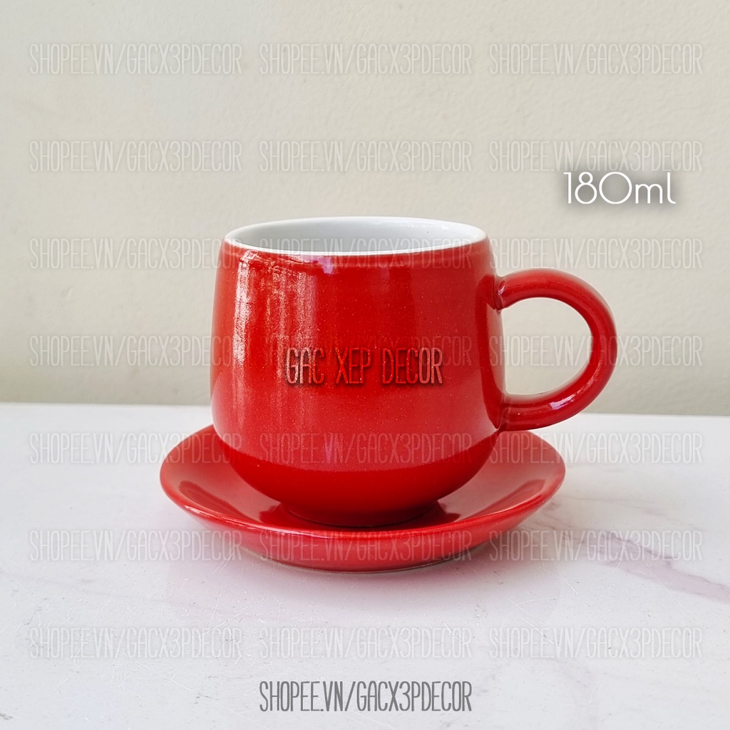 バッチャン セラミック コーヒー カップ ハンドルとソーサー付き 180ml - レッド