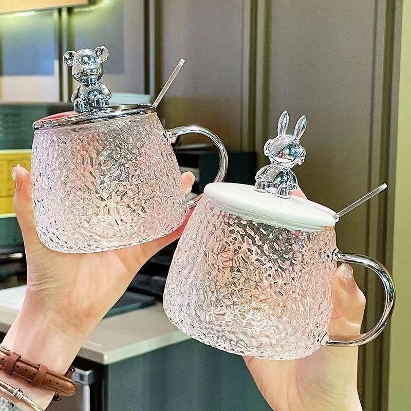 くまちゃん蓋付き耐熱ガラスマグカップ 450ml | スプーン＆持ち手付き おしゃれで可愛いドリンクウェア