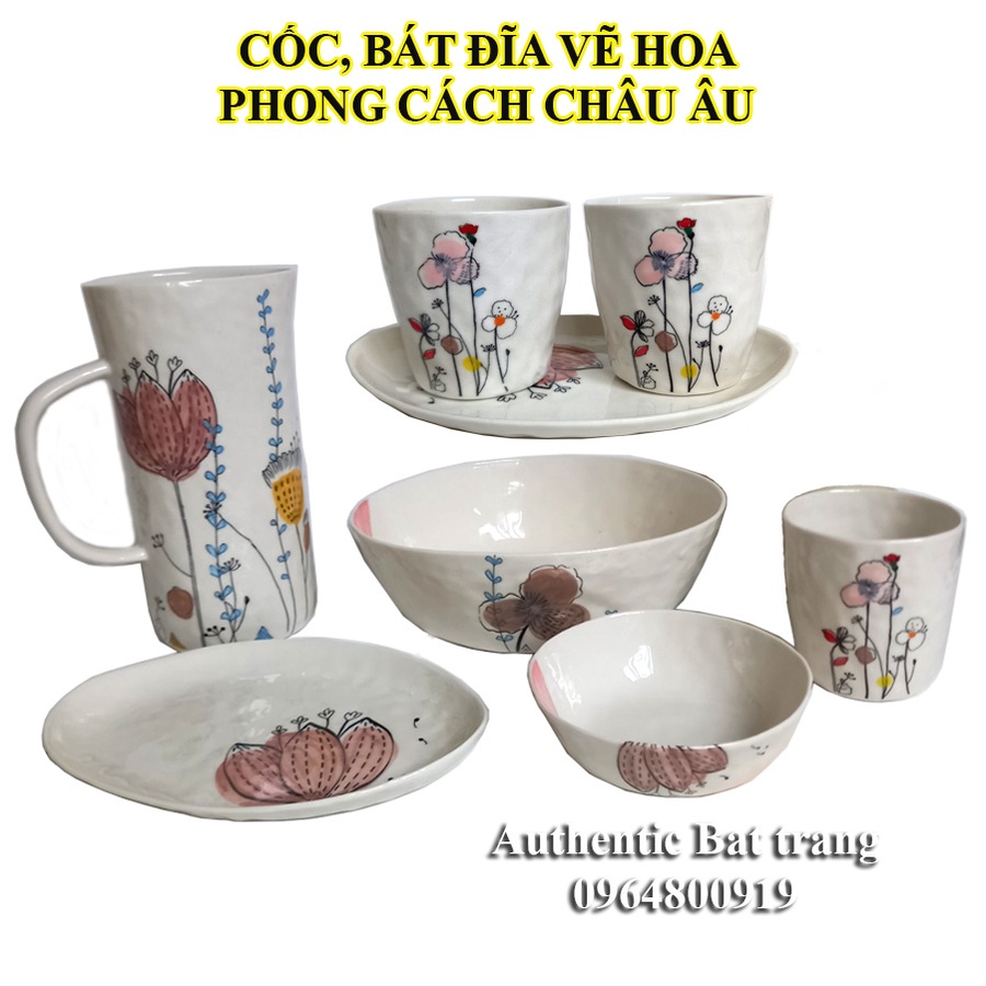 バッチャン焼き(陶器) のコップ、ボウル、プレートセット ヨーロピアン風 OANH GIA AUTHENTIC BAT TRANG