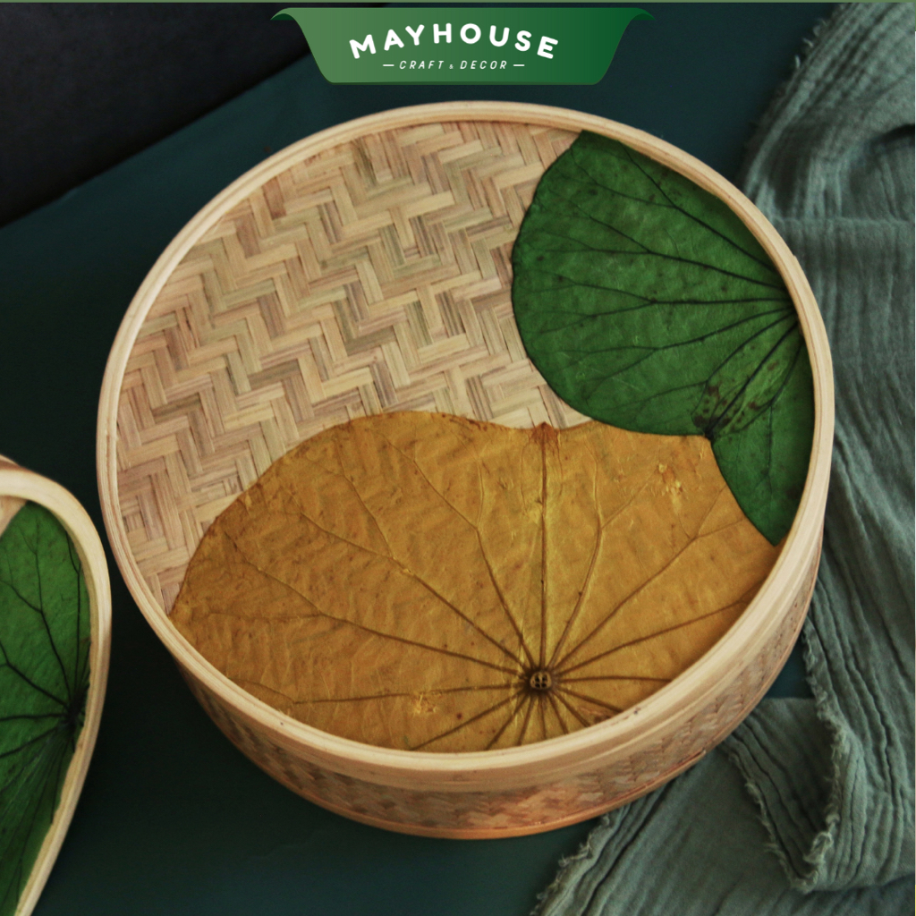竹製ギフトボックス 蓮の葉のステッカー入り 丸型 MAYHOUSE CRAFT&DECOR