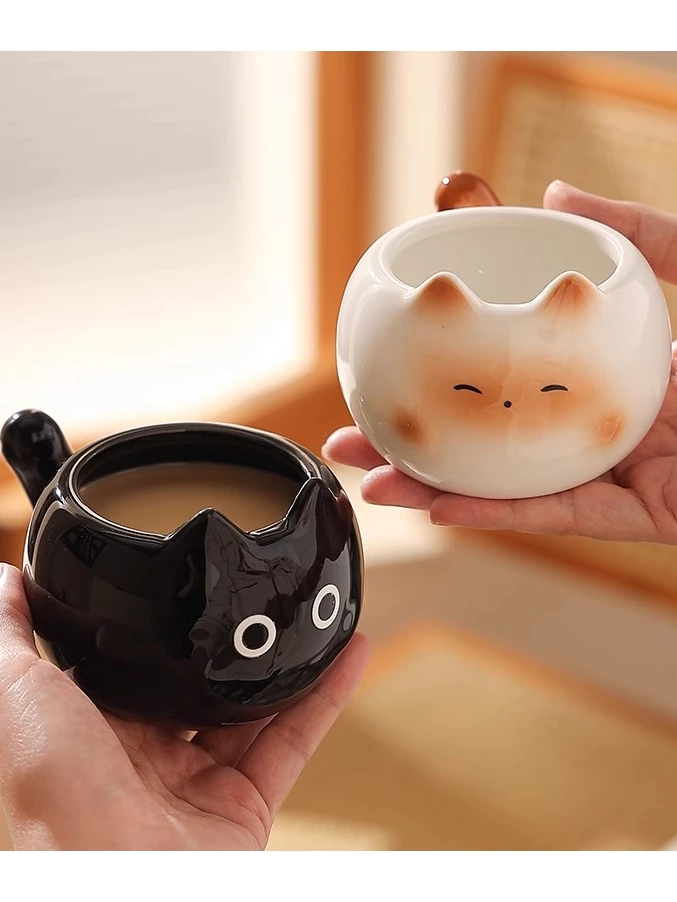 黒猫デザインマグカップ – 陶器製のかわいいコーヒーカップ、おしゃれなプレゼントに