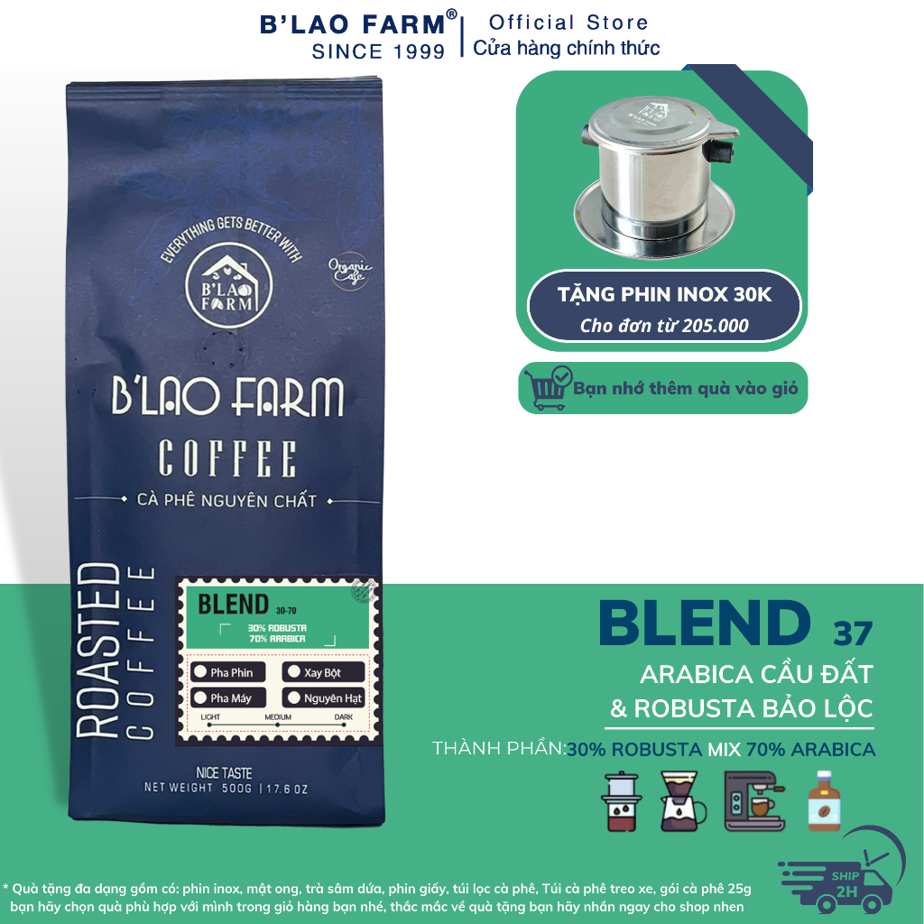 ブレンド B'Lao Farm ピュアコーヒー 30% ロブスタコーヒー 70% アラビカコーヒー素朴なローストコーヒーフィルターコーヒーマシン C37 - 500gr - フィルター抽出に使用