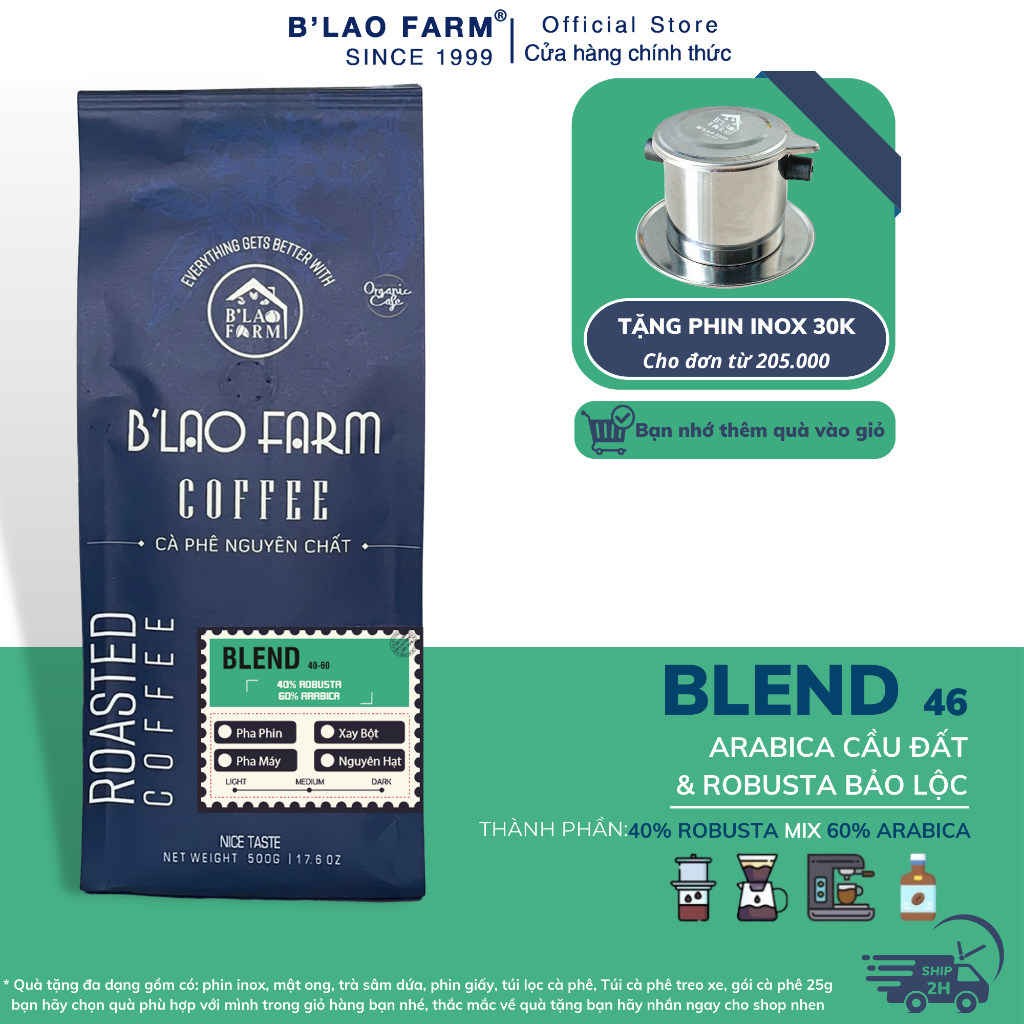 ブレンド B'Lao Farm 純粋なコーヒー 40% ロブスタ コーヒー 60% アラビカ コーヒー 素朴なロースト コーヒー フィルターと加糖機付き C46 - 1000gr - 丸ごと豆