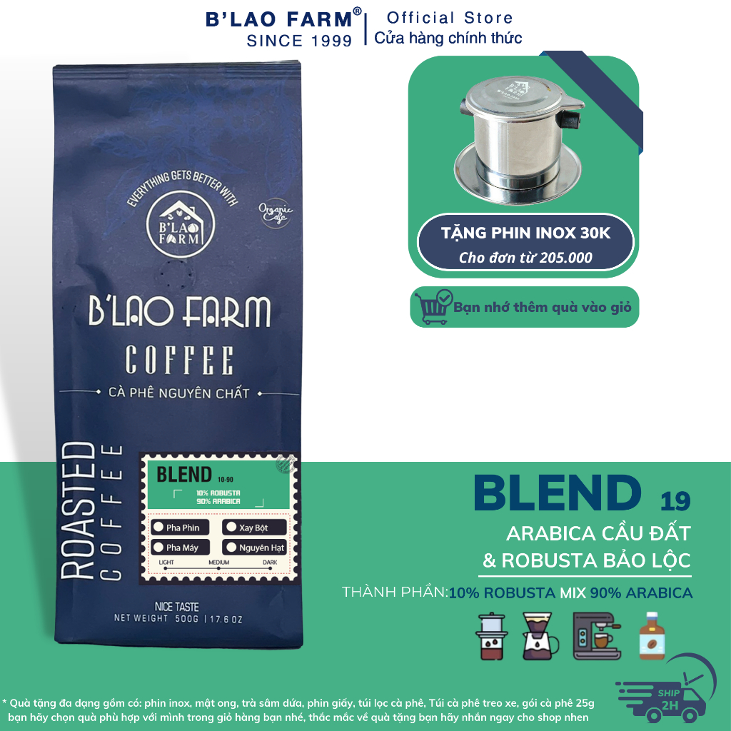 ブレンド B'Lao Farm 純粋なコーヒー 10% ロブスタ コーヒー 90% アラビカ コーヒー C19 後に醸造された素朴なロースト コーヒー フィルター コーヒー - 250gr - 機械抽出用