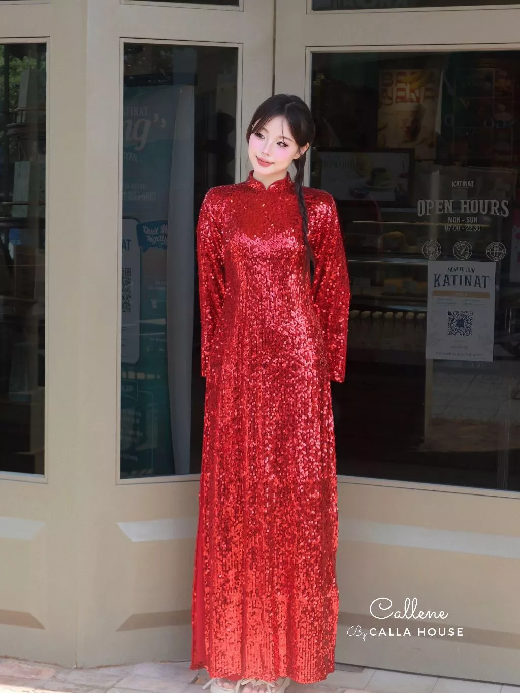 Callene CHÂU SA エレガントアオザイ レッド スパンコール スーオン型 高級パンツセット