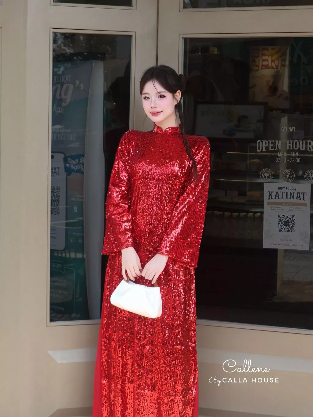 Callene CHÂU SA エレガントアオザイ レッド スパンコール スーオン型 高級パンツセット