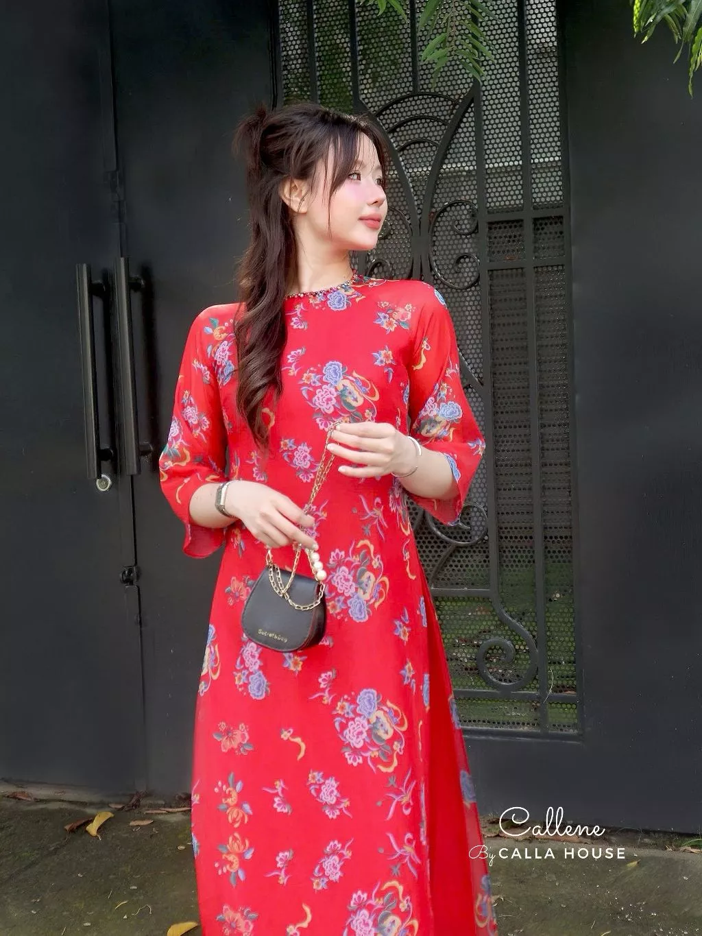 Callene 高級4枚仕立て 花柄ヴォイルシルクアオザイ DIÊN VĨ レッド (CC401)