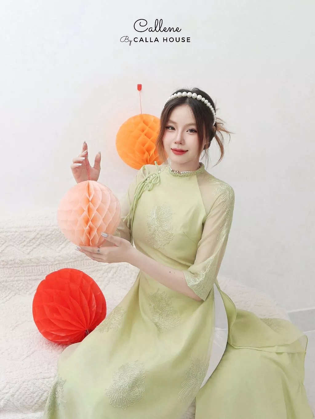 Callene モダンアオザイ ベルスリーブ 4枚布 ゆったりデザイン パンツセット (LÃNH THANH ミントグリーン) CC348