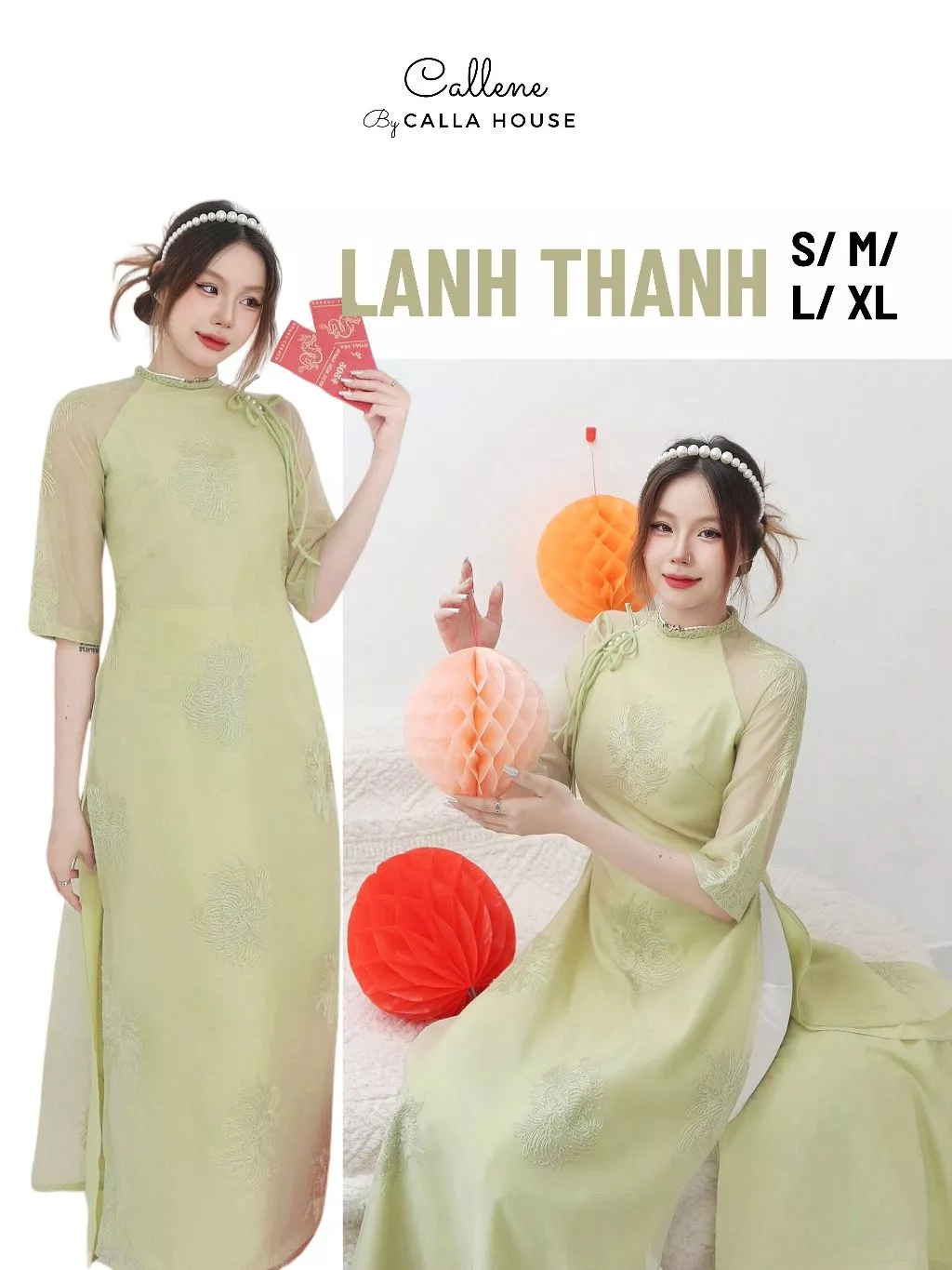 Callene モダンアオザイ ベルスリーブ 4枚布 ゆったりデザイン パンツセット (LÃNH THANH ミントグリーン) CC348