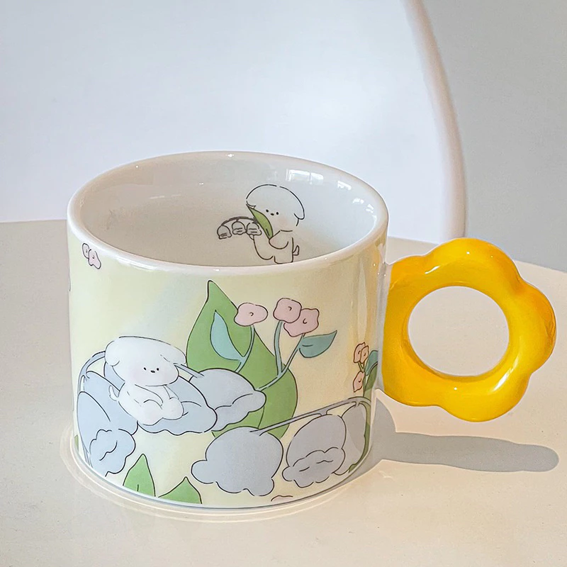 キャンディカップ 高級磁器製マグカップ - 春の花柄 イエロー - かわいい花形ハンドル付きティーカップ