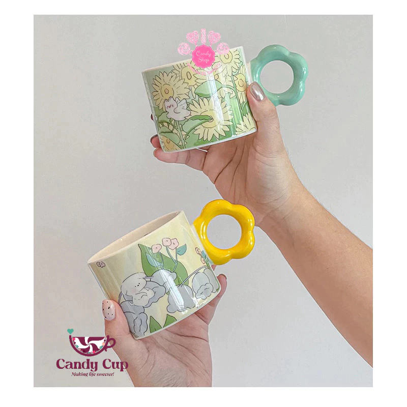 キャンディカップ 高級磁器製マグカップ - 春の花柄 イエロー - かわいい花形ハンドル付きティーカップ