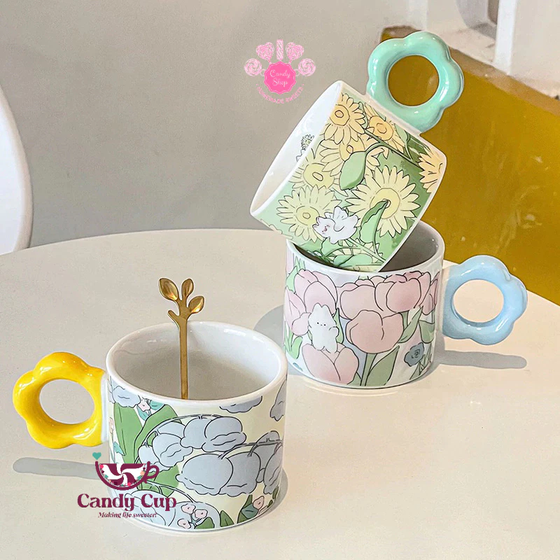 『キャンディカップ』高級陶器マグカップ - 春の緑花柄＆可愛い花型ハンドル付きティーカップ