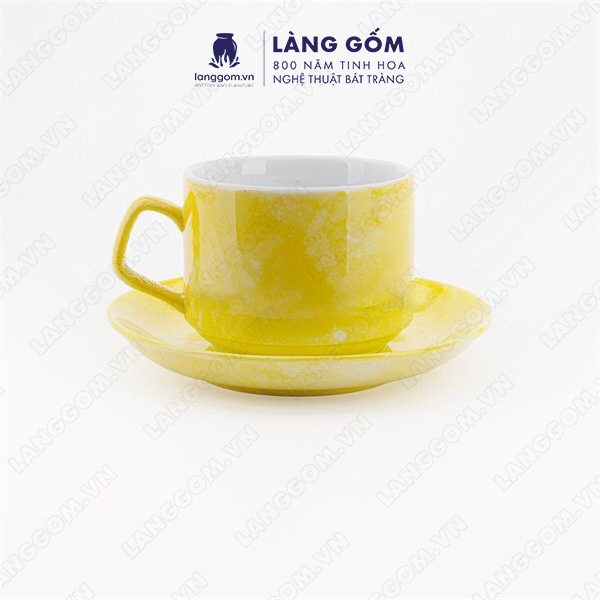 カプチーノ コーヒー カップ ストーン パターン ソーサー付き、新しい形状、容量 250 ml、高品質保温バッチャン セラミック - イエロー ストーン パターン