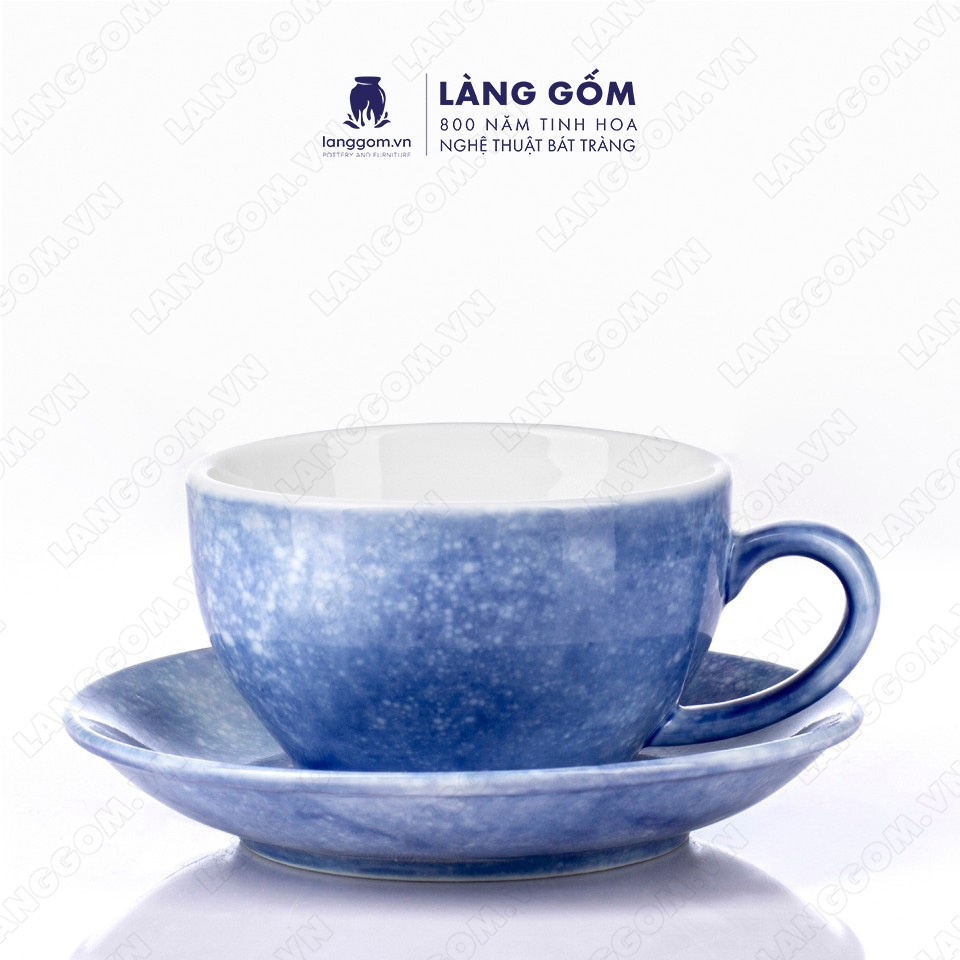 バッチャン焼き カプチーノカップ 石目模様 ハンドルとプレート付き コバルトブルー色 220ml Lang Gom